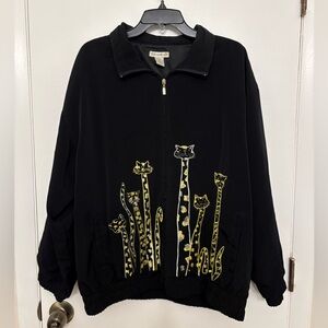 Vintage Mureli Embroidered Cat Bomber Jacket Black Gold Whimsical Retro XL